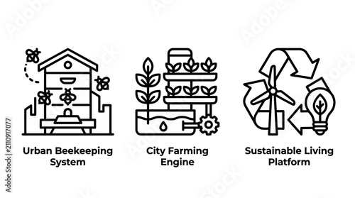 Urban farming and sustainable energy icons with beekeeping sustainability environment technology innovation recycling urbanization industry management development solutions efficiency