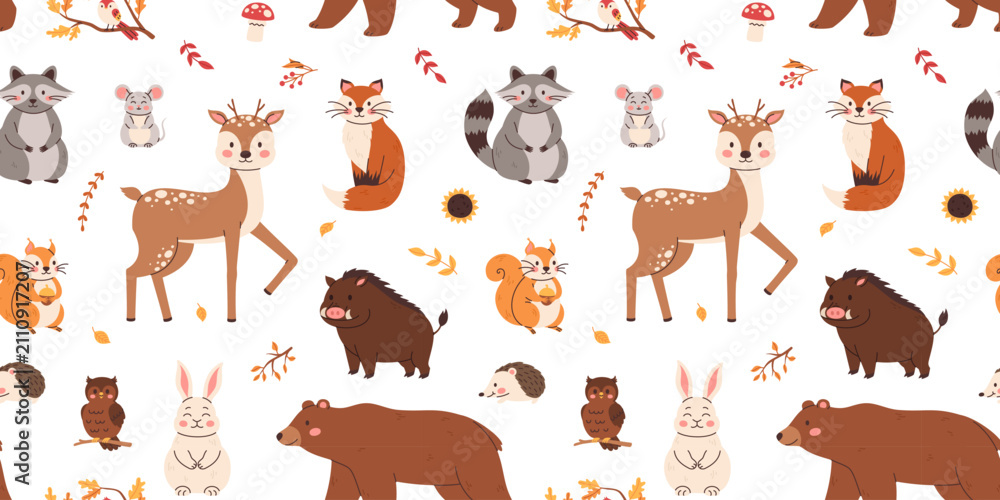 Obraz premium Seamless pattern featuring wild forest animals. Ideal for textile printing, wallpaper, and packaging.