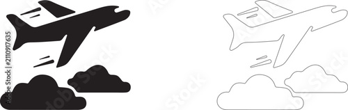 Εκτύπωση καμβά Airplane taking off above clouds vector icon filled and outline, air travel and flight journey symbol
