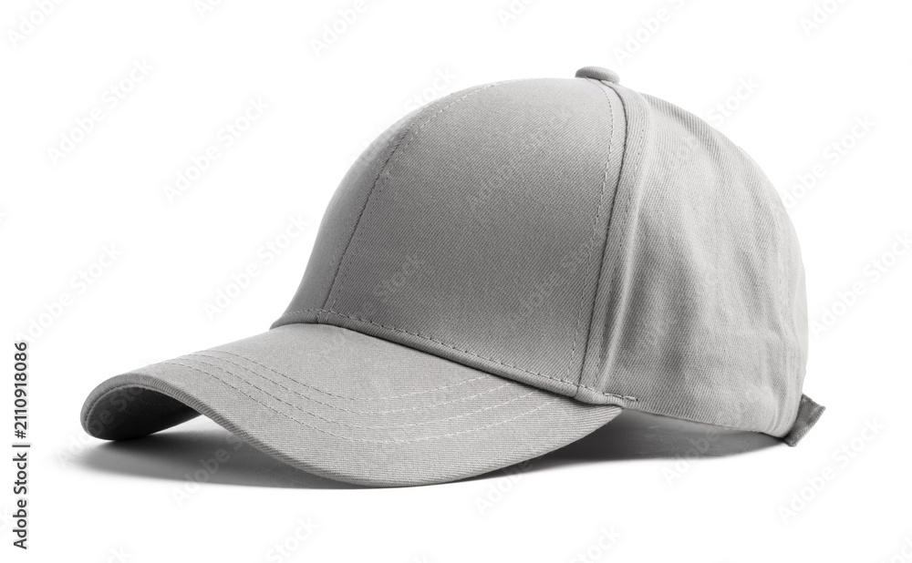 Fototapeta premium Grey baseball cap resting on white background.