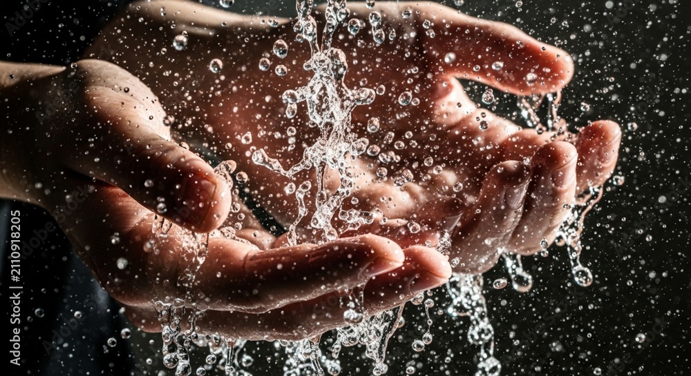 Fototapeta premium Close-up of hands washing with splashing water, dark background