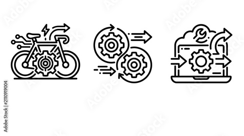 Digital bicycle technology and system optimization icons with technology optimization software automation electronics technical maintenance development engineering connection minimalist