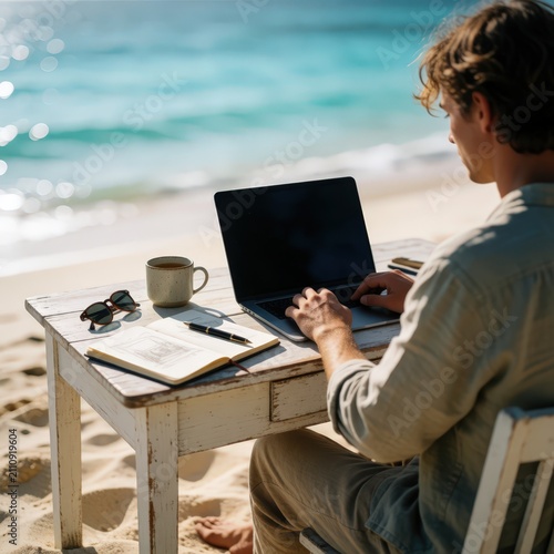 Man working on laptop at a rustic wooden table on a beach with ocean in background. Use: remote work, travel blog, lifestyle.