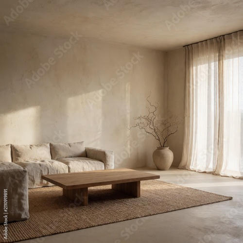 Neutral toned living room with linen sofa, wooden coffee table, and sheer curtain. Use: interior design blog, home decor magazine, lifestyle advert...