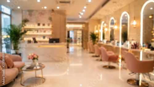 Blurred luxury beauty salon interior modern hair spa room pink chairs gold lighting elegant boutique professional salon background