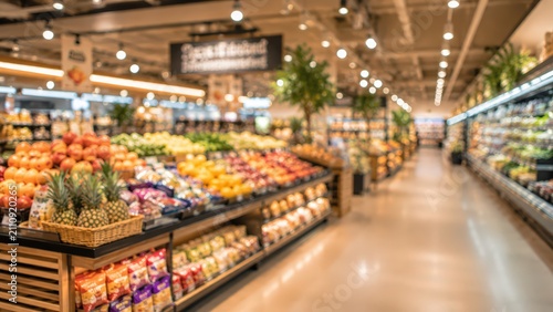 Blurred supermarket interior grocery store aisle produce section shopping background retail food market shelf bokeh depth of field retail commercial