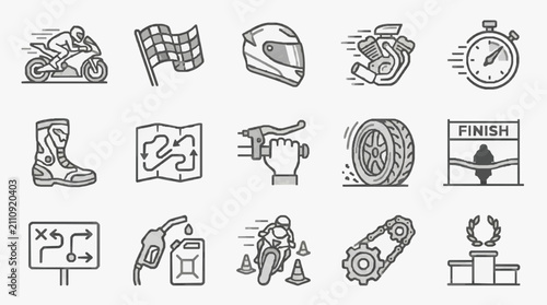 Fotografía Modern Black and White Line Set of Motorcycle Racing and Maintenance Icons with