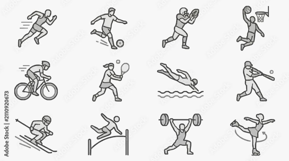 Fototapeta premium Sleek Monochrome Line Art Illustrations of Diverse Athletes in Dynamic Sports Actions with high quality professional line art symbols for modern creative design and digital branding projects