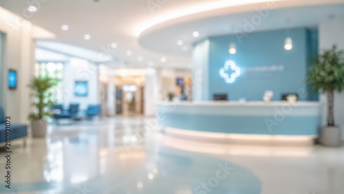 Blurred hospital lobby reception medical clinic waiting room healthcare facility background modern interior office desk professional services