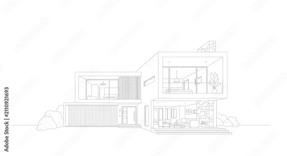 Obraz premium Modern residential home architectural sketch with interior view