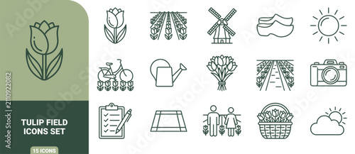 Bild auf Leinwand Set of green outline icons related to dutch tulip fields, including windmills, f