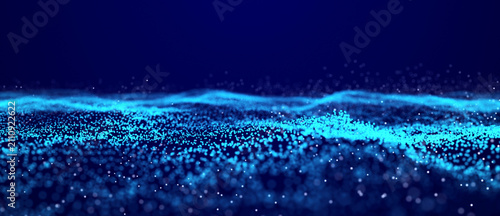 Abstract blue background of points. Falling cyber particles. Big data stream. 3d rendering