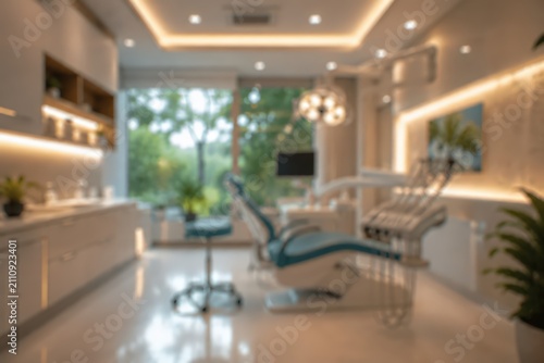 Modern dental clinic medical office interior background luxury healthcare dentistry dentist chair equipment blurred bokeh professional stomatology