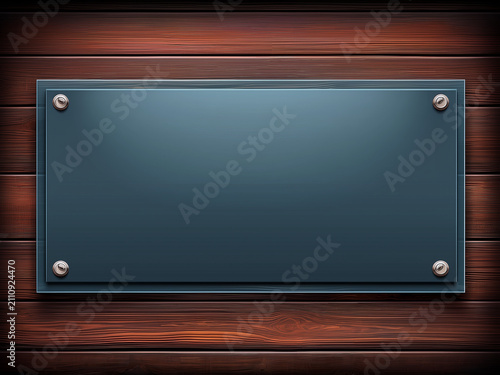 A blank glass signboard mounted with metal bolts on a dark wooden wall