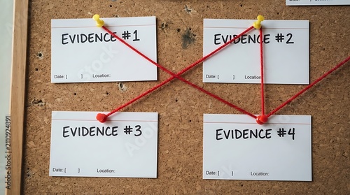 Evidence tags pinned on corkboard for investigation. Crime scene documentation with labeled evidence notes.