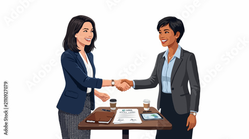 Two women in business attire shaking hands across a table with documents and coffee cups. The image depicts a successful business deal or partnership