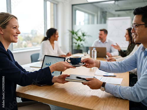 Business colleagues collaborating in a modern office meeting room while sharing coffee and documents.