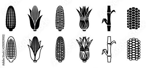 Corn and maize vector illustration set showing multiple ear and cob shapes, peeled and whole corn, and corn stalk segments in black silhouette style for agricultural and botanical design