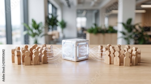 A modern workspace showcasing collaboration and communication with wooden figures around a glowing cube.