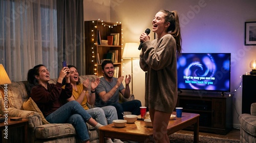 Woman laughing while singing karaoke on coffee table with friends cheering at home