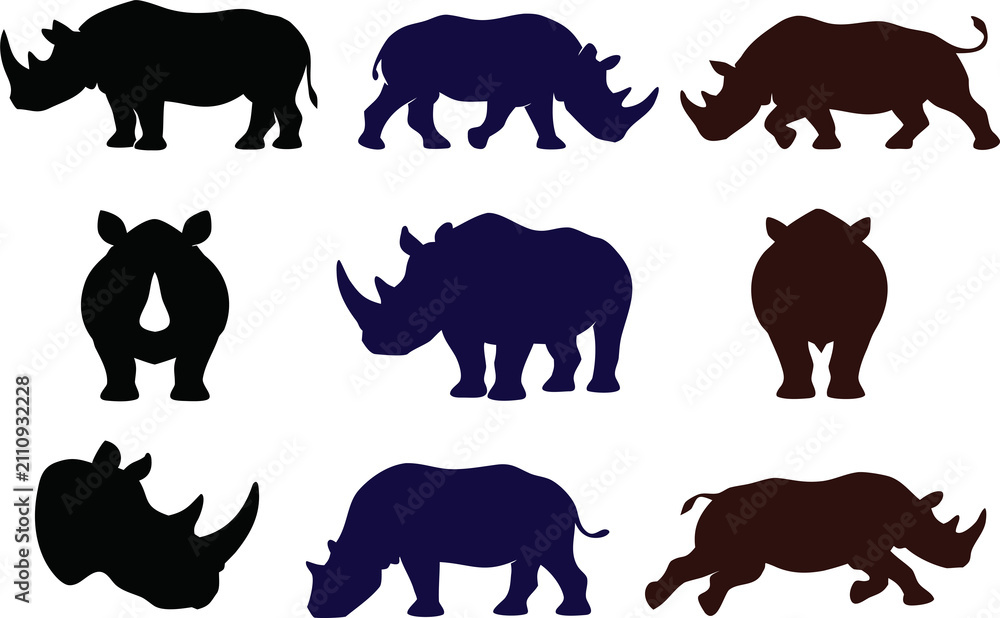 Fototapeta premium Rhino silhouette vector set in unique poses