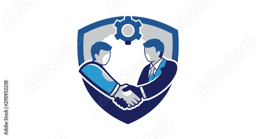 Partnership agreement symbol with gear and shield vector illustration