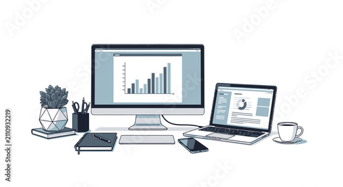 Modern desk with computer laptop phone and plant showing data analysis