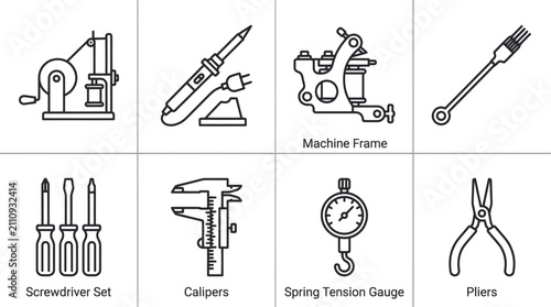 Industrial and workshop tools line art icon set minimalist vector design for engineers