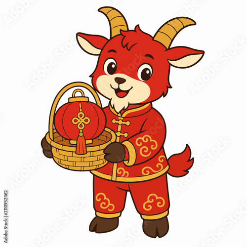 Red fire goat holding basket with lantern for Chinese New Year 2027. Year of the Ram mascot in traditional clothing. Cartoon zodiac character isolated on white background