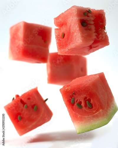 watermelon cubes levitating summer fruit isolated on white background