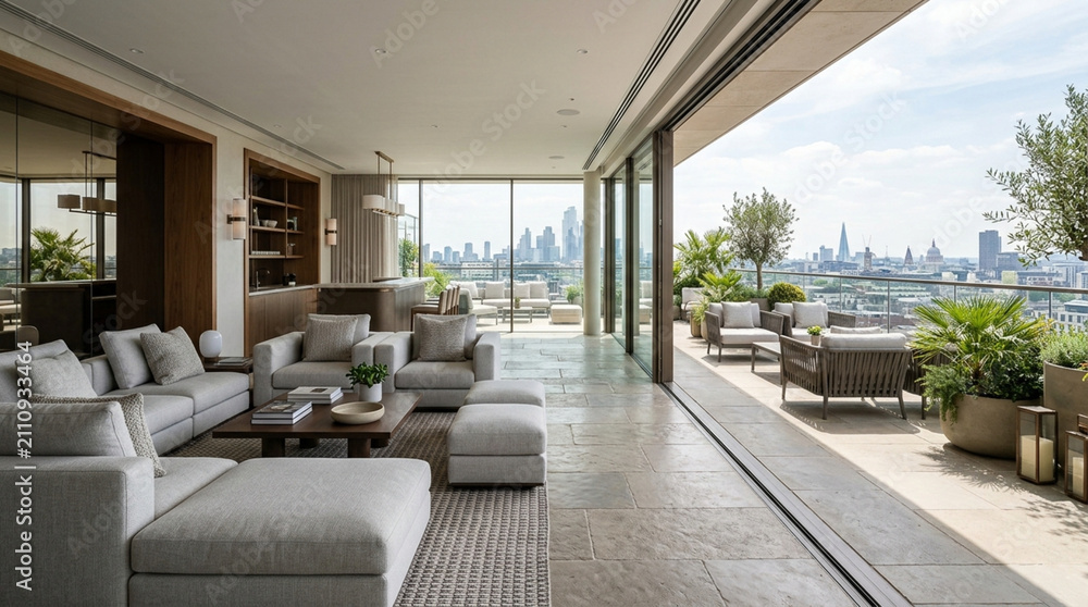 Obraz premium Modern luxury apartment terrace cityscape view, spacious living room, urban oasis