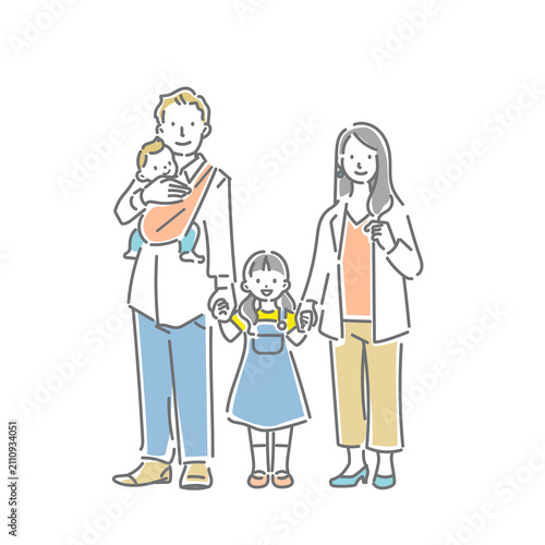 A young family standing and smiling—a simple, stylish line art illustration.