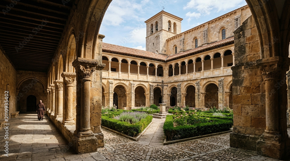 Fototapeta premium Ancient Monastery Courtyard with Cloisters and Garden | Historical Architecture