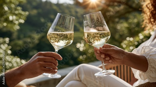 International Albariño Day: two hands clinking glasses of chilled Albariño wine outdoors on a sunlit terrace, blurred green vineyard hills in the background, warm afternoon sunlight flare