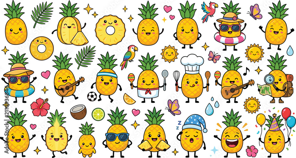 Fototapeta premium Cute Pineapple Cartoon Character Vector Icon Set Featuring Funny Summer Mascot Stickers in Various Poses Activities and Tropical Fruit Graphic Elements