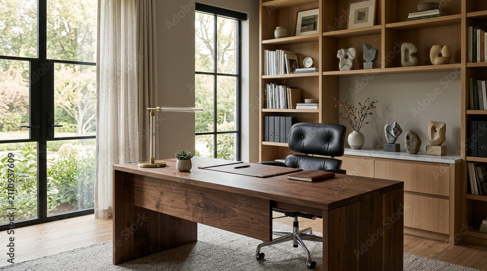 Obraz premium Modern Home Office with Large Window and Bookcase