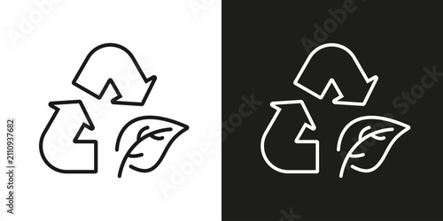 Eco recyclable icon with leaf and arrow. Vector editable line.