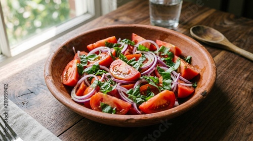Fresh Mediterranean Tomato Salad with Thin Red Onion Rings and Torn Basil Leaves in Rustic Terracotta Bowl on Dark Wooden Table Near Bright Sunlit Window, Healthy Vegetarian Summer Food Photography,