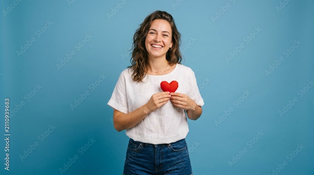 Obraz premium Beautiful Smiling Young Woman in White T-Shirt and Blue Jeans Holding Red Heart, Casual Summer Style Portrait Against Blue Background, Love and Happiness Concept, Female Model Showing Affection
