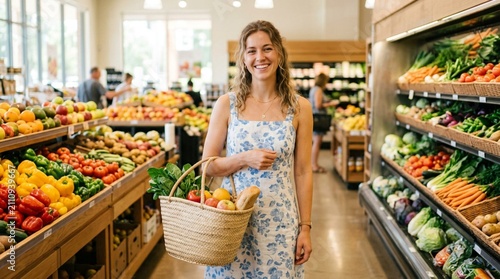 Happy Young Woman Shopping for Fresh Organic Vegetables in Bright Supermarket Aisle, Holding Woven Basket with Healthy Produce, Smiling Female Customer in Blue Floral Dress Buying Nutritious Food at