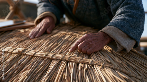 A thatcher working atop a traditional cottage roof in a crowded village festival, close up of weathered hands pressing reed bundles into a tight ridge formation, a website browser