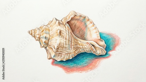 Detailed seashell drawing on white paper. Hand drawn conch shell with turquoise coral art.