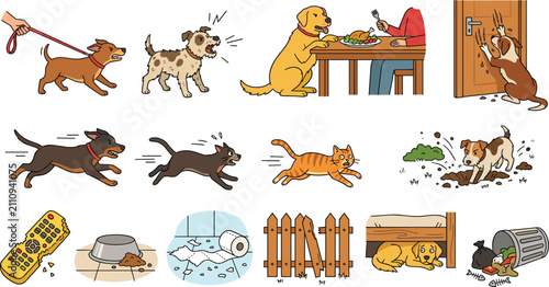 Quadro su tela Dog behavior and training collection featuring barking, chasing, begging, diggin