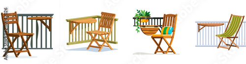 A minimalist flat 2D vector art of a tiny apartment balcony features a teak brown folding chair and a small wooden table with a drop-leaf design, all set against a clean, geometric backdrop in a
