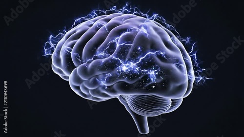 Realistic Isolated Brain With Electric Impulses Floating In Dark Background Ideal For Neuroscience And Medical Technology Concepts