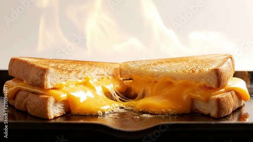 Mouthwatering Hot Sandwich Slice on Griddle with Gooey Melted Cheese Oozing and Dynamic Smoky Background
