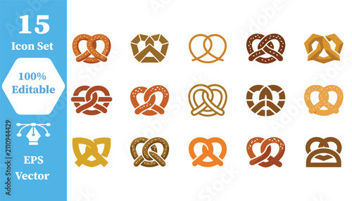 Collection of 15 fresh baked pretzel icons with illustration, traditional