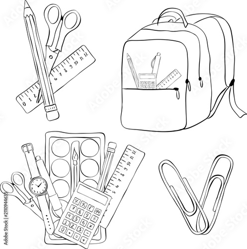 scissor and pencil and ruller School composition set Black and white hand drawn illustration. Vector graphic line ink art. background for banners, print for fabric, labels, t-shirt printing.