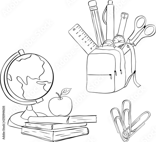 Globe, stack of Books, apple Black and white School composition set colored hand drawn illustration. Vector graphic line ink art. Geography lesson, Textbook. for package, holiday design