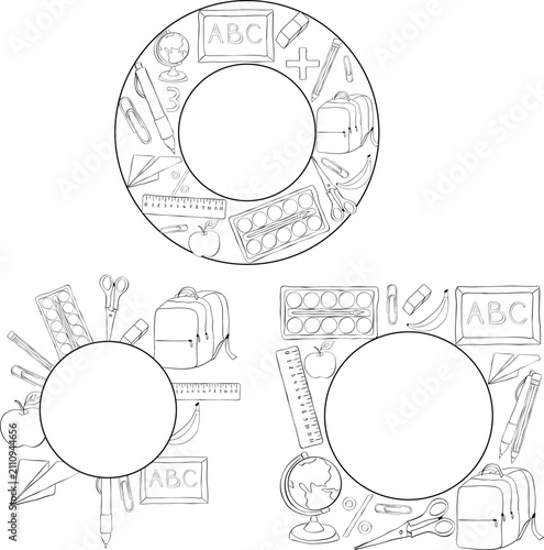 back to school supplies Black and white School elementary student tools set frame circle round hand drawn illustration. Vector graphic line ink art template. design for fashion graphics, wallpapers.